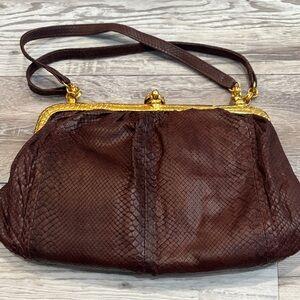 Clara Kasavina Brown Snakeskin Shoulder Bag with Gold Trim